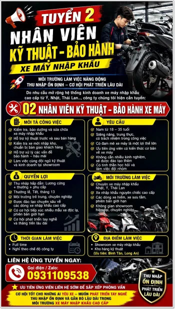Công ty xe máy nhập khẩu tuyển 02 nhân viên kỹ thuật - bảo hành.webp